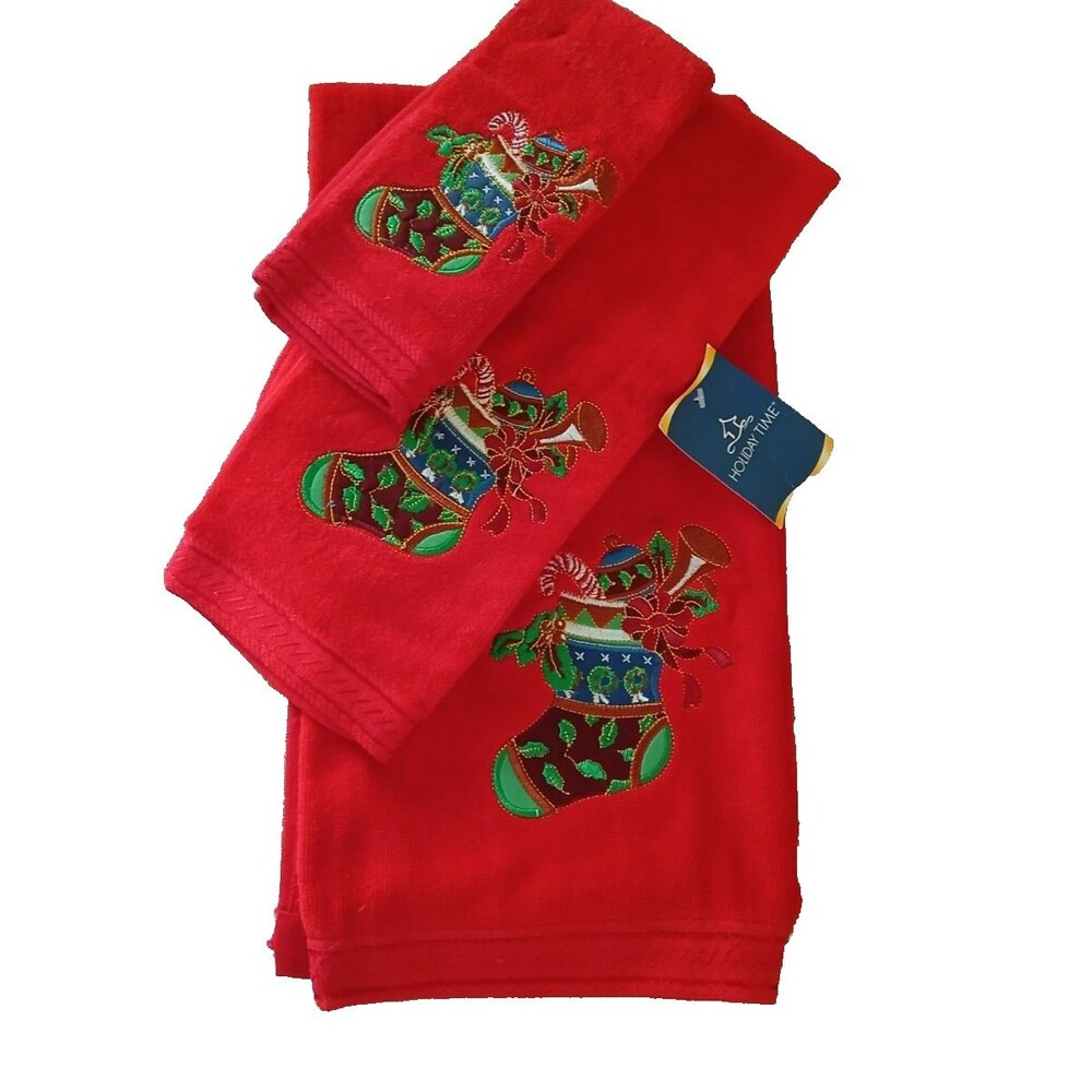 3-Piece 100% Cotton Christmas Towel set Embroidered Design Large Bath Towel Red